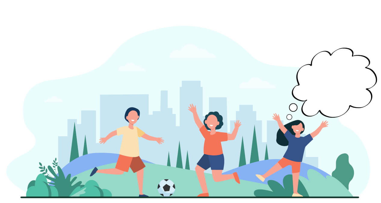 Trois personnes s’amusent à jouer au ballon à l’extérieur, dans un parc. Leur corps et leurs expressions non verbales démontrent qu’elles ont beaucoup de plaisir. Au-dessus de la tête de l’une des trois personnes, se tient un nuage de pensées vide. Les deux bras de cette personne sont dans les airs et elle se tient sur une jambe. 